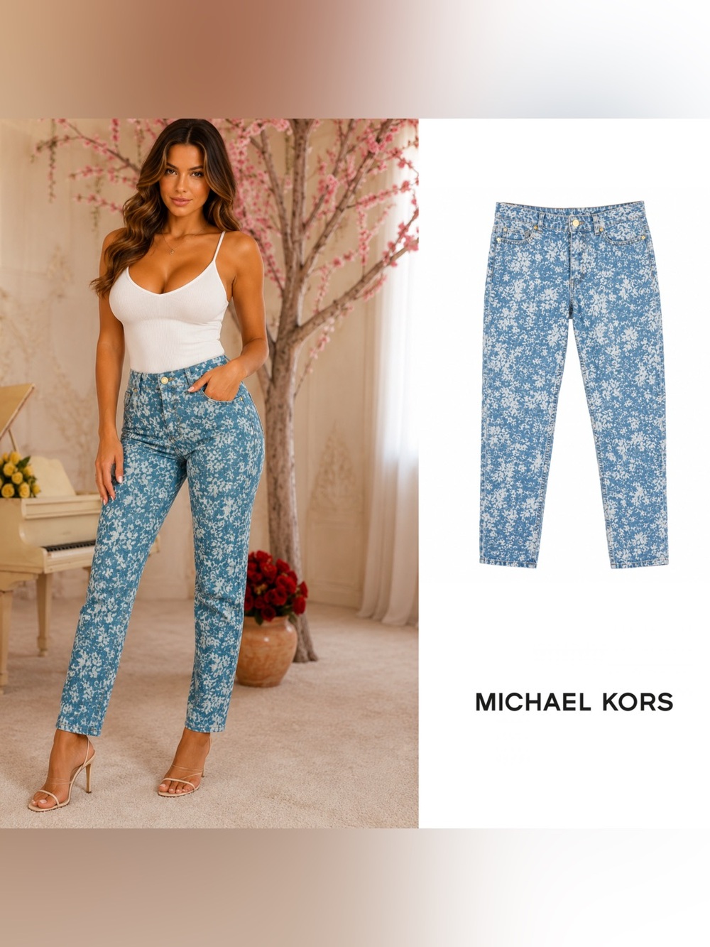 MICHAEL KORS Light Blue Floral High-Rise Jeans - Picture 1 of 9